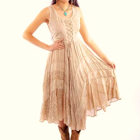 Scully Dresses & Skirts - Scully Jacquard Lace-Up Front Dress Boho Western Country Full Length Beige Tan M
